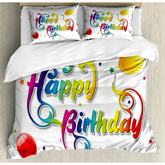 Birthday Duvet Cover Set Queen Size, Happy Birthday Words with Floral Swirled Details Stars Flying Balloons Art Print, Decorative 3 Piece Bedding Set with 2 Pillow Shams, Multicolor, by Ambesonne