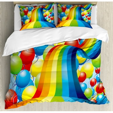 Birthday Duvet Cover Set Queen Size, Many Vibrant Balloons Wavy Rainbow Ribbons Festive Celebration Mood Special Event, Decorative 3 Piece Bedding Set with 2 Pillow Shams, Multicolor, by Ambesonne