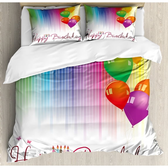 Birthday Duvet Cover Set Queen Size, Rainbow Colored Striped Backdrop Balloons Stylized Lettering Candles Artwork Prit, Decorative 3 Piece Bedding Set with 2 Pillow Shams, Multicolor, by Ambesonne
