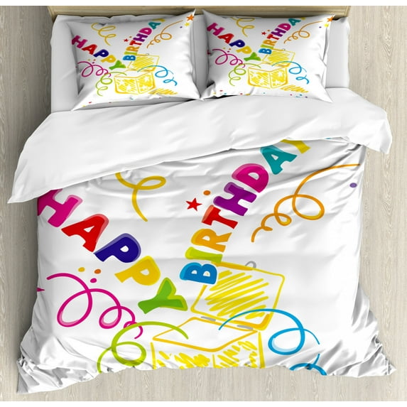 Birthday Duvet Cover Set Queen Size, Surprise in a Box Theme Doodle Style Cheerful Spirals Confetti and Stars Happiness, Decorative 3 Piece Bedding Set with 2 Pillow Shams, Multicolor, by Ambesonne