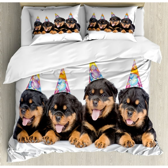 Birthday Duvet Cover Set, Rottweiler Pets Party Cone Hats Puppies Dogs Art Print, Decorative 3 Piece Bedding Set with 2 Pillow Shams, King Size, Marigold and Black, by Ambesonne