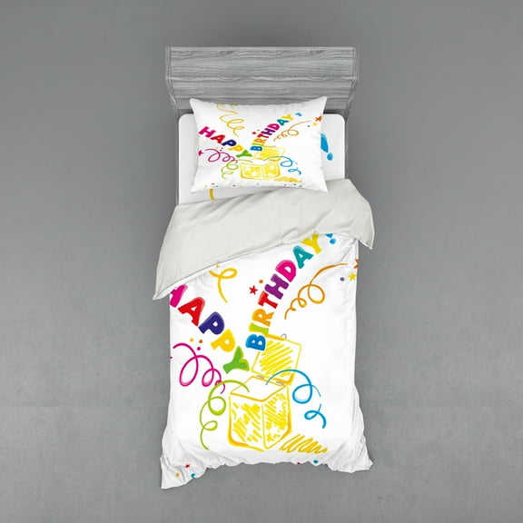 Birthday Duvet Cover Set, Surprise in a Box Theme Doodle Style Cheerful Spirals Stars Happiness, Bedding Set with Shams and Fitted Sheet, 3 Sizes, by Ambesonne