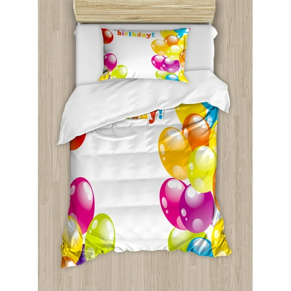 Birthday Duvet Cover Set Twin Size, Colorful Festive Mood Flying Party Balloons in Surprise Happy Occasion Set Up, Decorative 2 Piece Bedding Set with 1 Pillow Sham, Multicolor, by Ambesonne