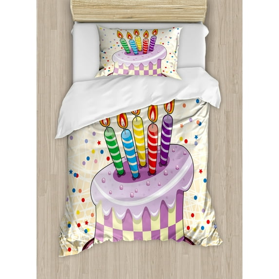 Birthday Duvet Cover Set Twin Size, Creamy Cake Illustration with Candles Retro Style Polka Dots Stars Striped Design, Decorative 2 Piece Bedding Set with 1 Pillow Sham, Multicolor, by Ambesonne