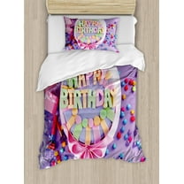 Birthday Duvet Cover Set Twin Size, Delicious Birthday Cake on a Table with Stars and Presents Party Yummy Dessert, Decorative 2 Piece Bedding Set with 1 Pillow Sham, Multicolor, by Ambesonne