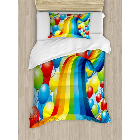 Birthday Duvet Cover Set Twin Size, Many Vibrant Balloons Wavy Rainbow Ribbons Festive Celebration Mood Special Event, Decorative 2 Piece Bedding Set with 1 Pillow Sham, Multicolor, by Ambesonne