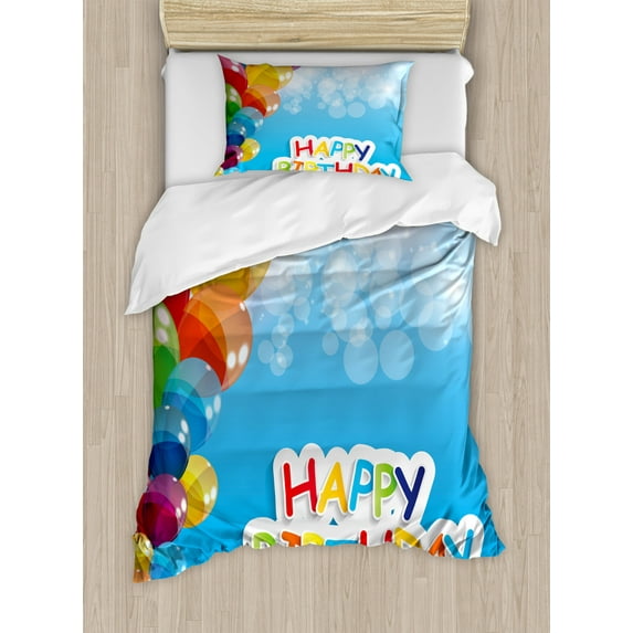 Birthday Duvet Cover Set Twin Size, Vibrant Balloons in the Sky Sun Beams Abstract Style Air Celebration Theme Print, Decorative 2 Piece Bedding Set with 1 Pillow Sham, Multicolor, by Ambesonne