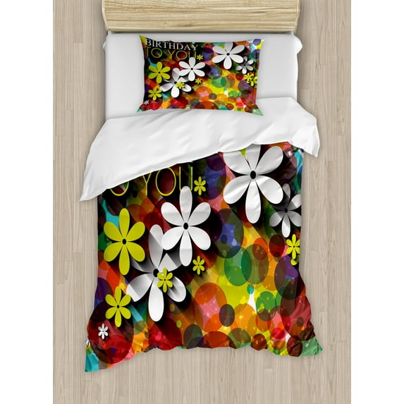 Birthday Duvet Cover Set Twin Size, Vibrant Composition of Flowers Daisies Polka Dots Joyful Wish Feminine Design, Decorative 2 Piece Bedding Set with 1 Pillow Sham, Multicolor, by Ambesonne