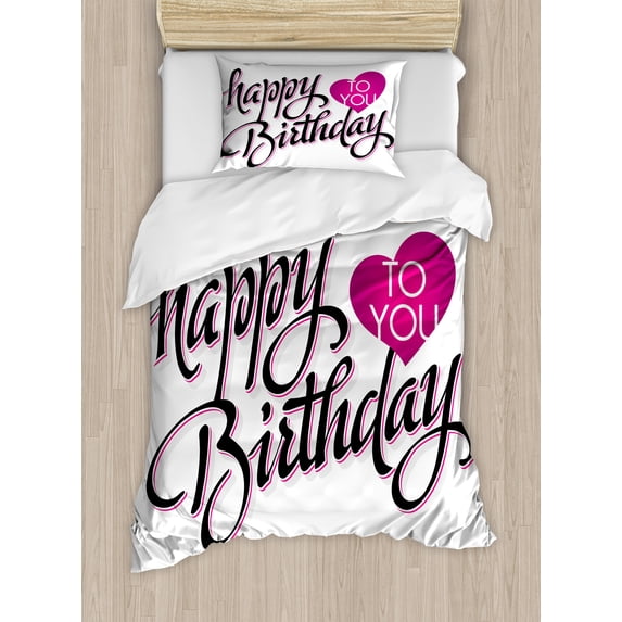 Birthday Duvet Cover Set, Vintage Typography Hand Lettering Calligraphy Pink Heart Message, Decorative 2 Piece Bedding Set with 1 Pillow Shams, Twin Size, Fuchsia Black White, by Ambesonne