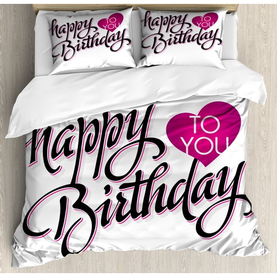 Birthday Duvet Cover Set, Vintage Typography Hand Lettering Calligraphy Pink Heart Message, Decorative 3 Piece Bedding Set with 2 Pillow Shams, King Size, Fuchsia Black White, by Ambesonne