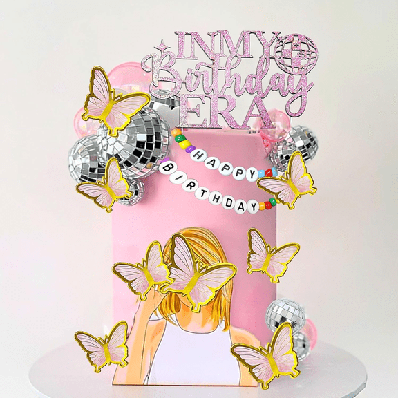 Birthday Era Cake Decoration Set - Sparkling Disco Ball and Butterfly Designs, Perfect for Birthday Parties and Themed Celebrations