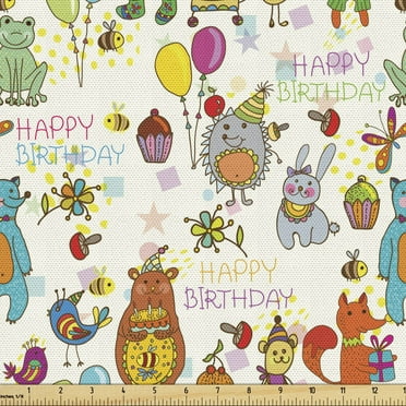 Ambesonne Birthday Fabric by the Yard Upholstery, Event Cartoon, 2 Yards, Multicolor