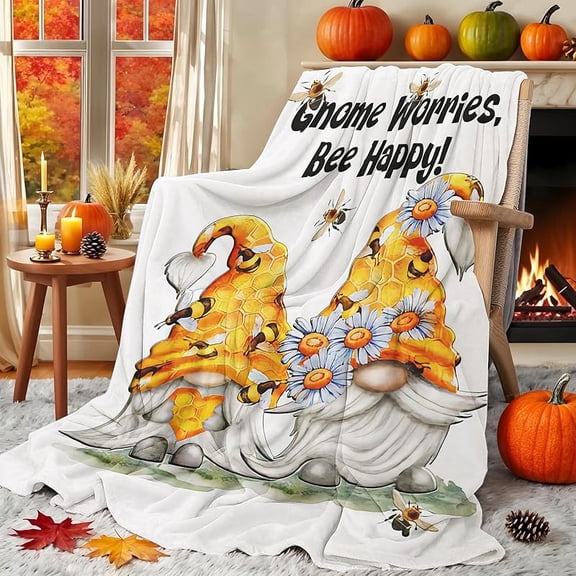 Birthday Fall Gnome Blanket - Gnomes Gifts for Women, Soft Cozy Gnome Worries Bee Happy Throw Blanket 60''x50'', Fall Blanket Gifts for Adults, Mom, Family, Friends