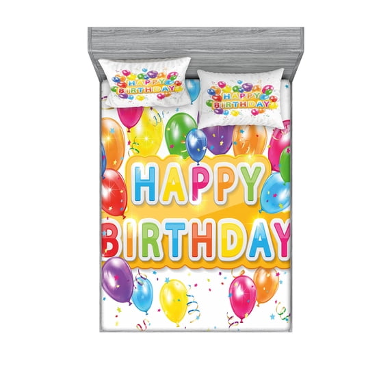Birthday Fitted Sheet & Pillow Sham Set, Words Happy Celebration Vivid Balloons Rain Blithesome Happy Day, Decorative Printed 6 Piece Bedding Decor Set, Calking, Multicolor, by Ambesonne