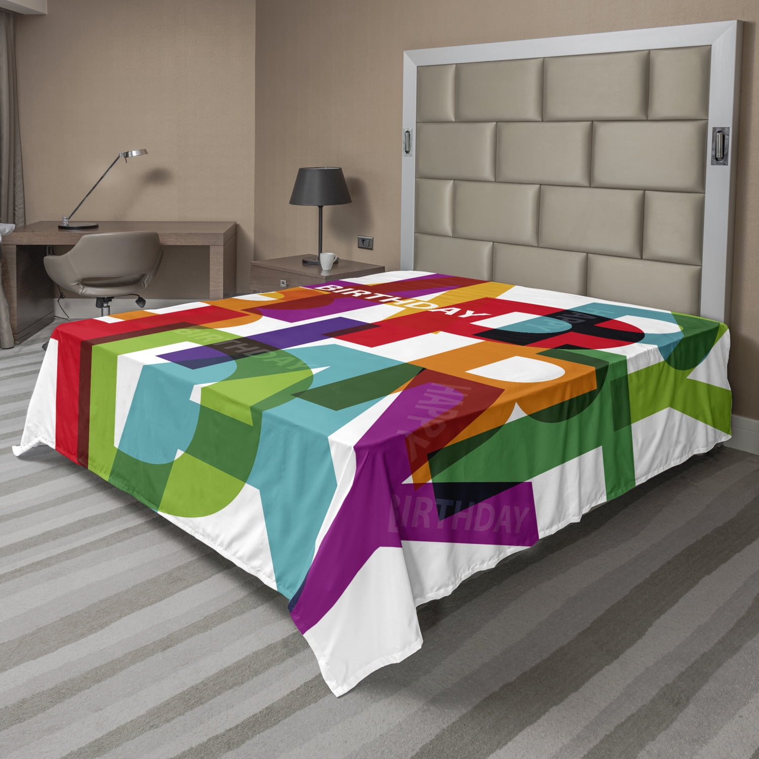 Birthday Flat Sheet, Vibrant Colorful Letters Scattered Broken Text