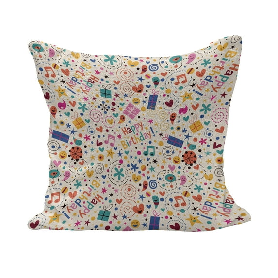 Birthday Fluffy Throw Pillow Cushion Cover, Dotted Spirals Stars Hearts Musical Notes Surprise Present Boxes Pattern Smiling, Decorative Square Accent Pillow Case, 16" x 16", Multicolor, by Ambesonne