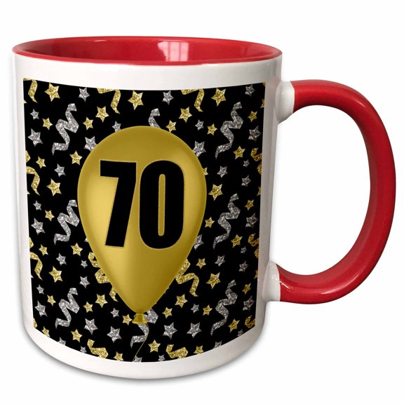 3drose, Birthday for Turning 70 on a Big Gold Colored Balloon and Confetti, 11oz Two-tone Red Mug
