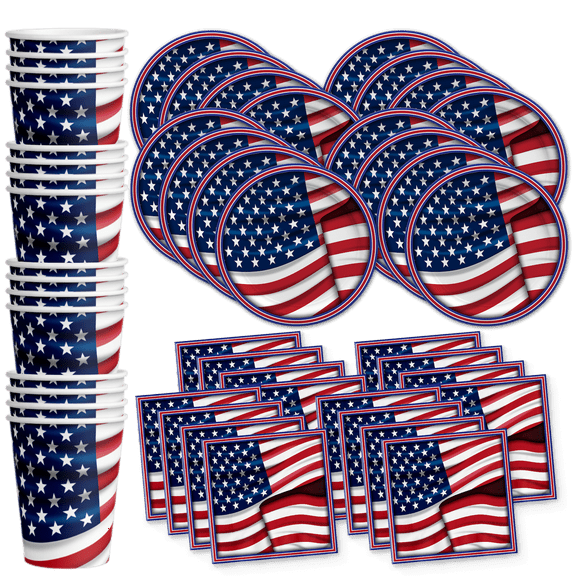 Birthday Galore American Flag Patriotic Party Supplies Set Plates Napkins Cups Tableware Kit for 16