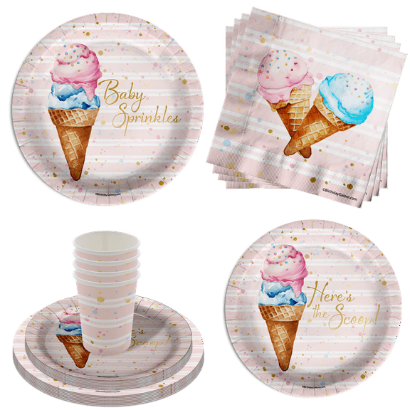 Birthday Galore Baby Sprinkles Scoops Ice Cream Party Supplies 64 Piece Tableware Set Includes Large 9" Paper Plates Dessert Plates, Cups and Napkins Kit for 16