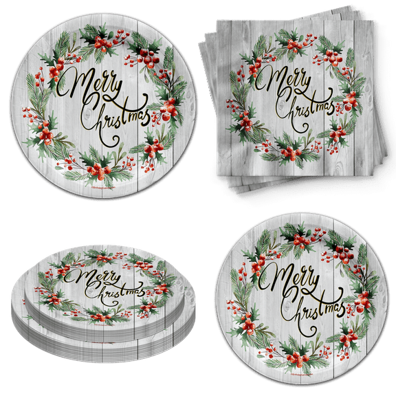 Birthday Galore Christmas Party Supplies - Christmas Paper Napkins - Merry Christmas Holiday Tableware Set Includes Plates Napkins | Kit for 24
