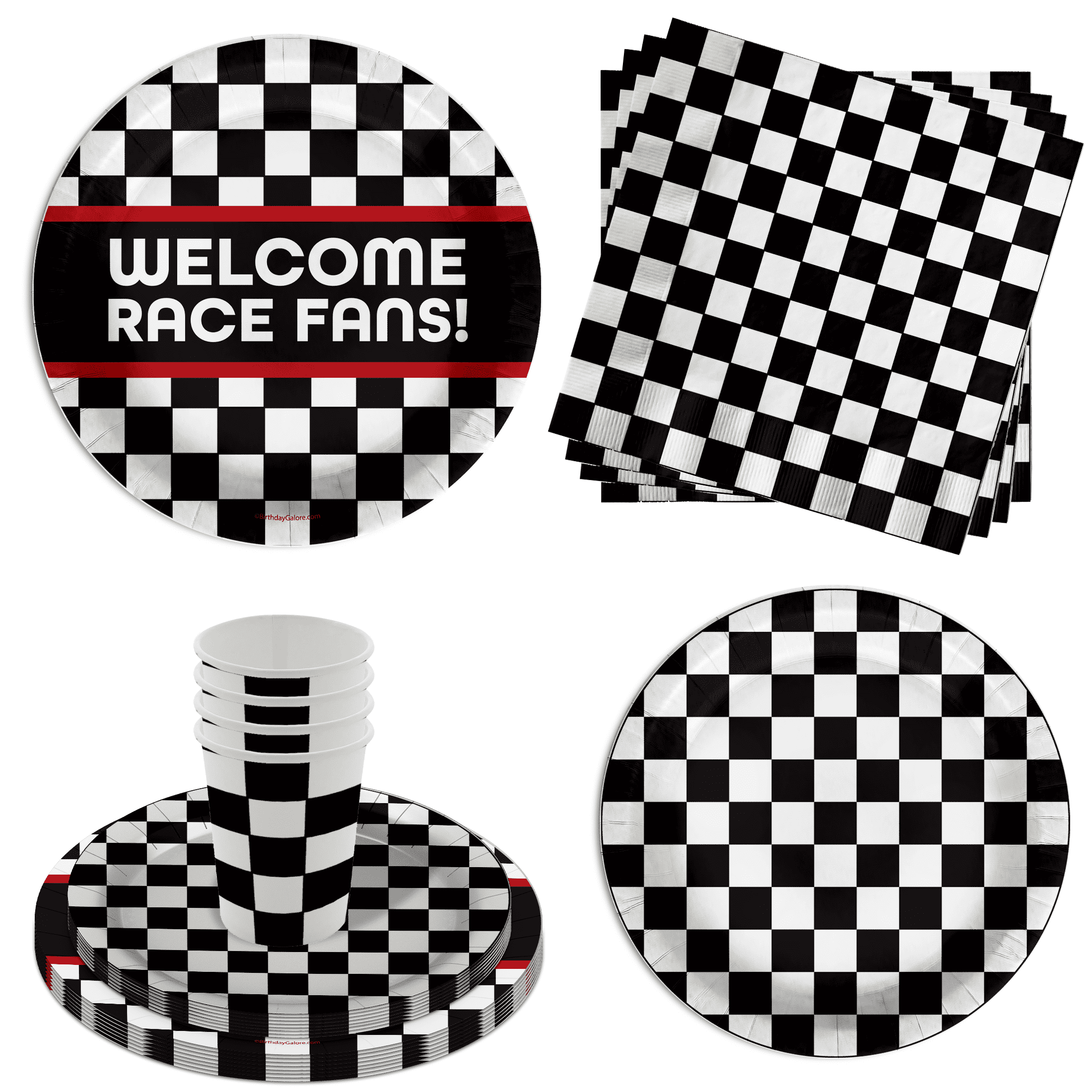 Birthday Galore Welcome Race Fans Race Car Checkered Flag Party Supplies Includes Paper Plates Napkins Cups - Kit for 16 64 Piece