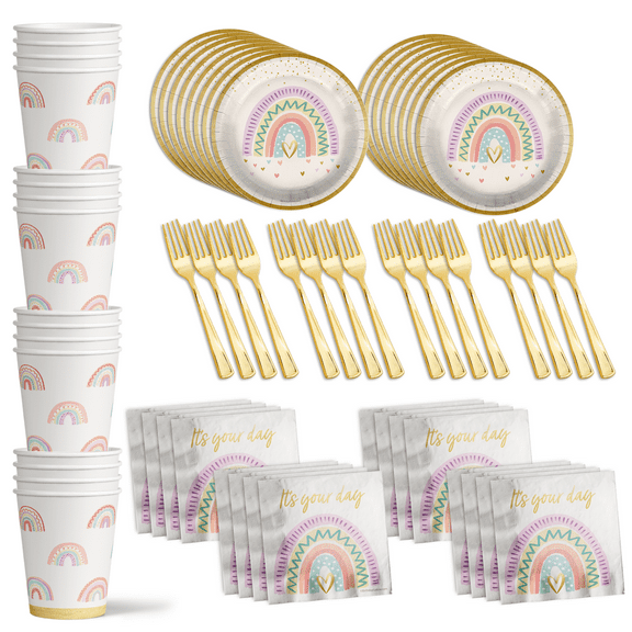 Birthday Galore Disposable Tableware Party Supply Sets, Rainbows, 16 Count