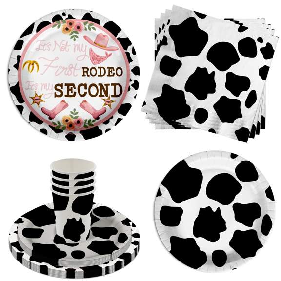 Birthday Galore Disposable Tableware for Second Rodeo 2nd Birthday 64 Piece - Cow Print Party Set Includes Paper Plates Napkins Cups - Kit for 16