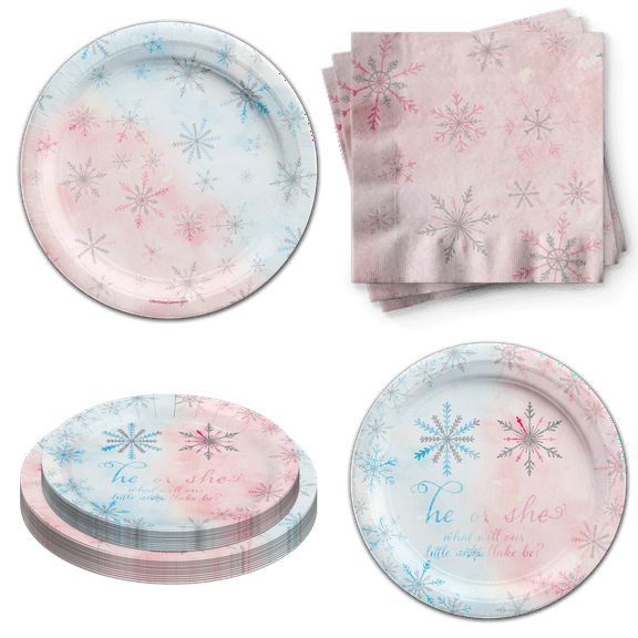Birthday Galore Gender Reveal Party Supplies - Gender Reveal Plates - What Will the Little Snowflake Be? - Baby Shower Tableware Set Includes Plates Napkins | Kit for 24