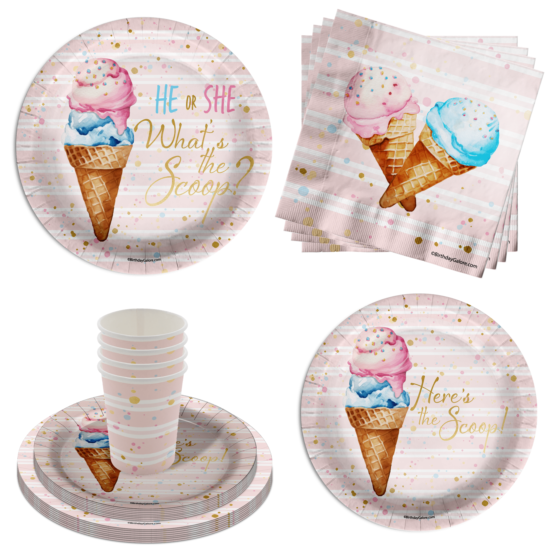 Birthday Galore Gender Reveal Party Supplies Kit, Ice Cream Scoops, Serves 16 (64 Pieces)