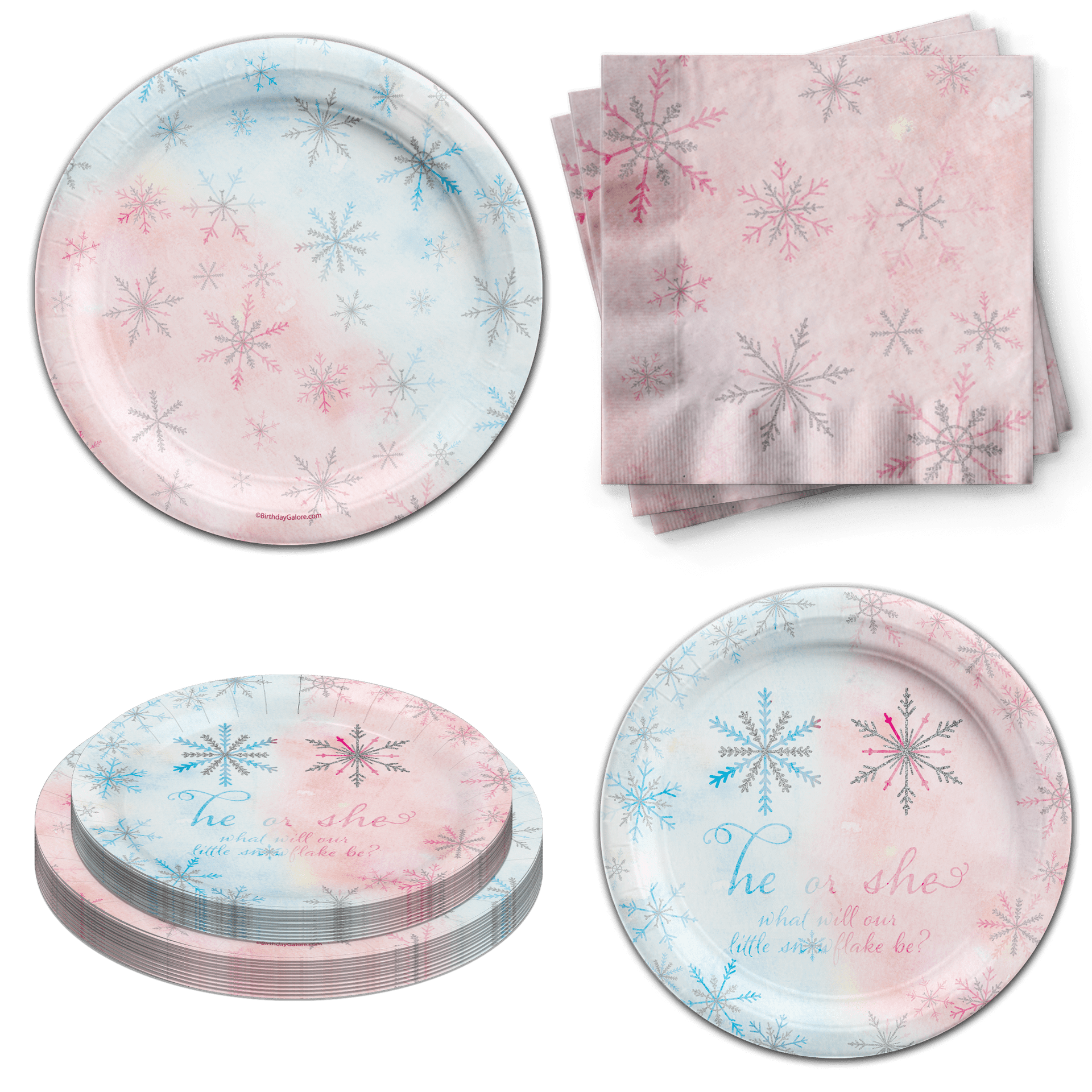 He or She Snowflake Gender Reveal Party Tableware Set