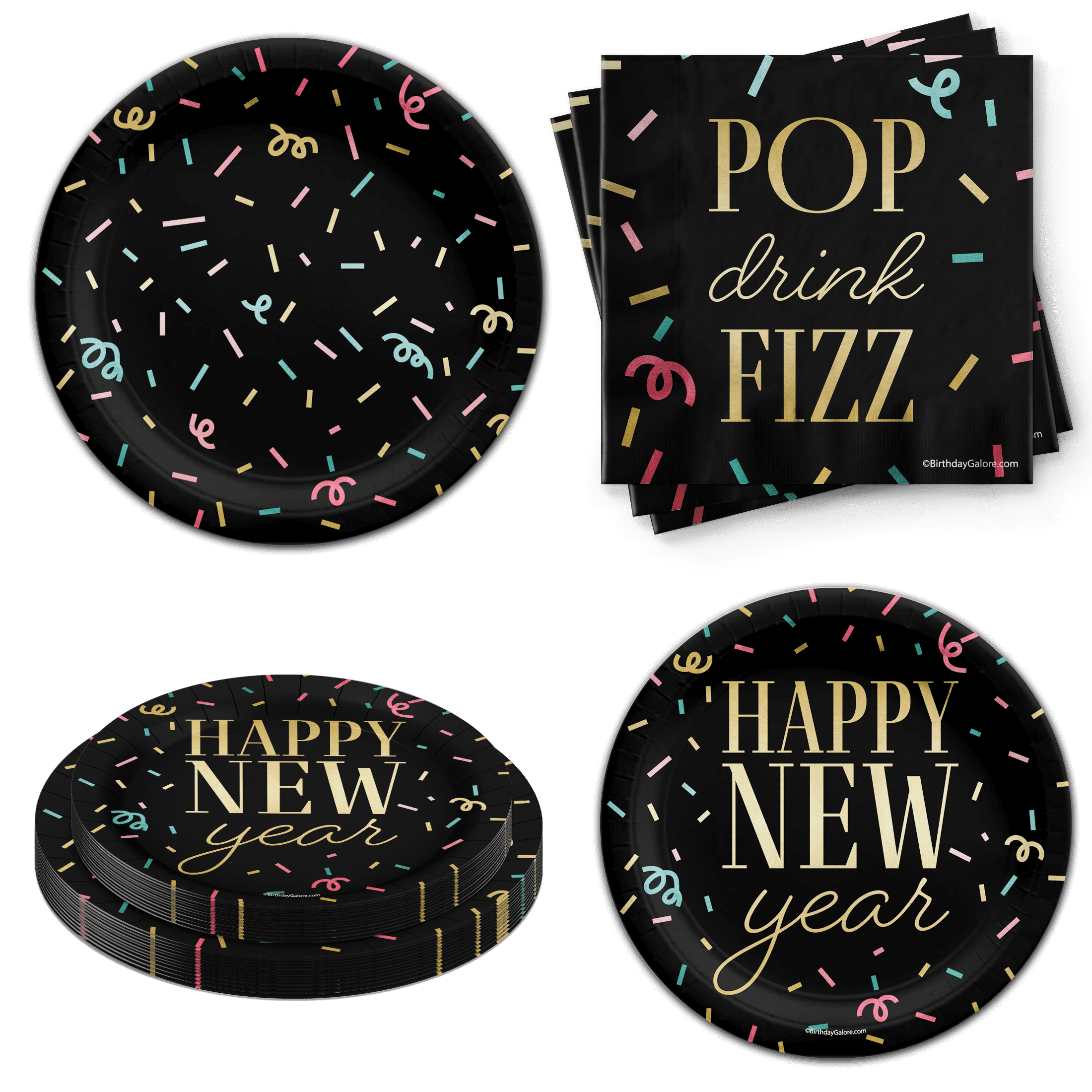 Birthday Galore New Years Eve Party Supplies - New Years Paper Plates - New Years Eve Disposable Tableware Set Includes Plates Napkins | Kit for 24