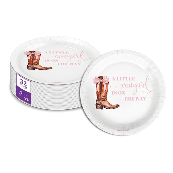 Birthday Galore Pink Bows Cowgirl on The Way Baby Shower - 32 Piece Disposable Party Supplies - Baby Shower Decorations - Round Party Plates - Large 9" Paper Plates In Bulk