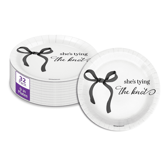 Birthday Galore She's Tying The Knot Bridal Shower - 32 Piece Disposable Party Supplies - Black Bows Bridal Shower Decorations - Round Party Plates - Large 9" Paper Plates In Bulk