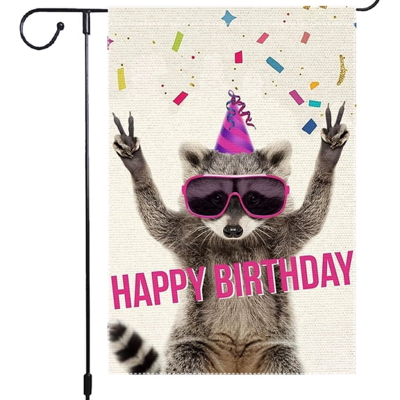 Birthday Garden Flag 12x18 Inch Double Sided Burlap Flag Happy Birthday Cool Raccoon Party Hat Sunglasses Confetti Outdoor Decor for Yard Patio Birthday Party Decor