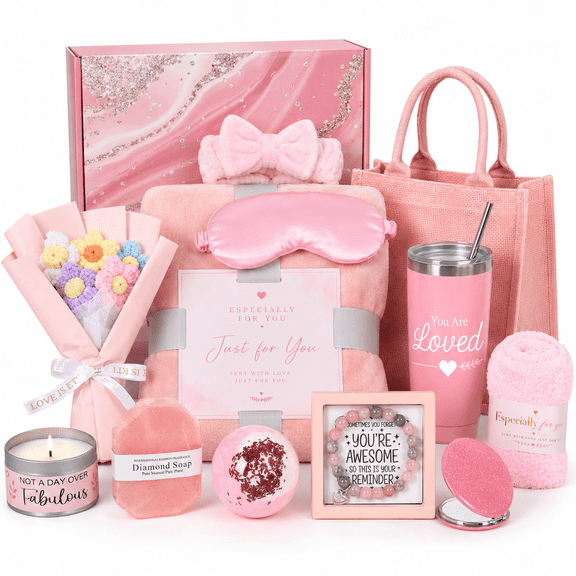 Birthday and Get Well Gifts for Women Relaxing Spa Gift Basket with Luxury Flannel Blanket, 40oz Insulated Tumbler & Light-Up Rose Flower Self Care Package for Mom, Wife, Friends, Christmas Gifts