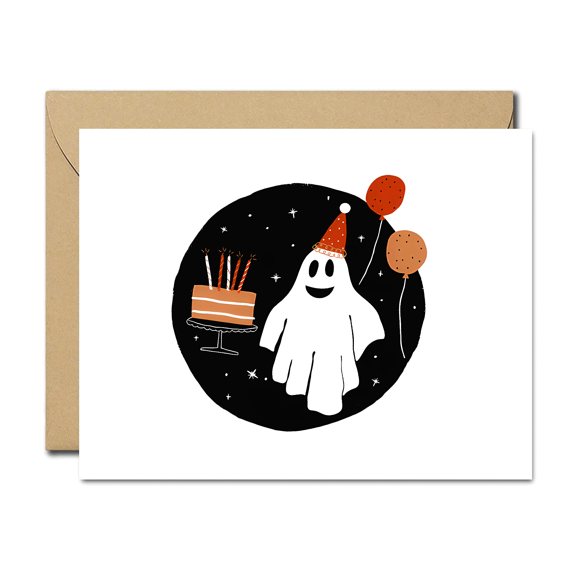 Birthday Ghost Card Cute Ghost with Cake & Balloons Blank Inside Perfect for Halloween Birthdays or Any Celebration Envelope Included