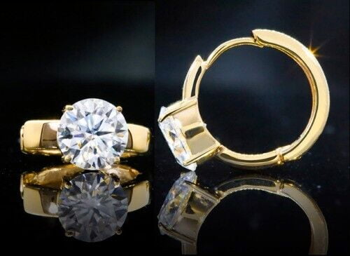 PASO JEWELS Birthday Gift 2Ct Round Cut Real Moissanite Huggie Hoop Earrings 14K Yellow Gold Plated Silver