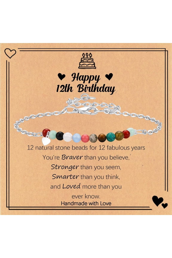 Birthday Gift for 9-16 Year Old, Small Natural Stone Beaded Bracelet Adjustable Heart Charm Bracelet for Daughter Granddaughter Sister Niece Friend on Birthday Graduation with Message Card Gift Box
