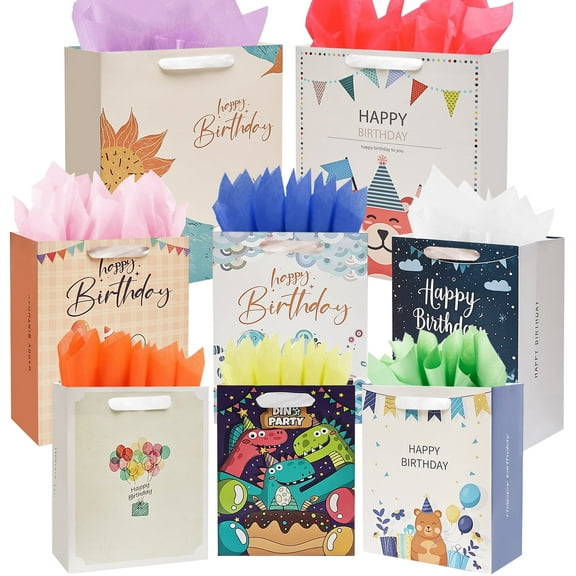 Birthday Gift Bag with Handle and Tissue Paper, 8 Pcs Reusable Gift Bags Assorted Sizes and Designs, Large, Medium, Small Size Birthday Gift Bag for Kids, Women, Men -15 ,13, 9