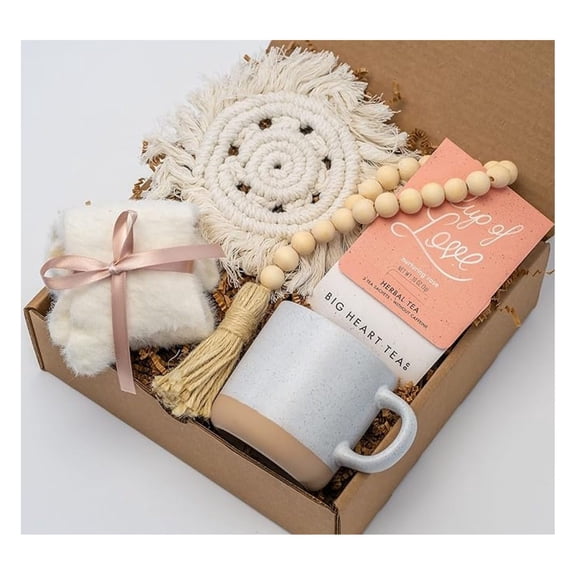 Birthday Gift Basket for Women - Ceramic Mug, Fuzzy Socks, Tea & Coaster | Hygge Gift Box for Friend, Self Care Package - Wooden Bead Accent