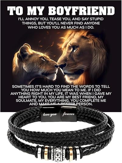 Birthday Gift For Boyfriend, Leather Bracelet for Men, To My Boyfriend Bracelet, Boyfriend Gifts from Girlfriend with Message Card and Box, Love You Forever Engraved Bracelet