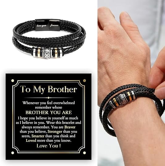Birthday Gift for Brother From Sister, To My Brother Bracelet, Christmas Gift for Brother, Leather for Men With Message Card and LED Box, Brothers Bracelets Gift