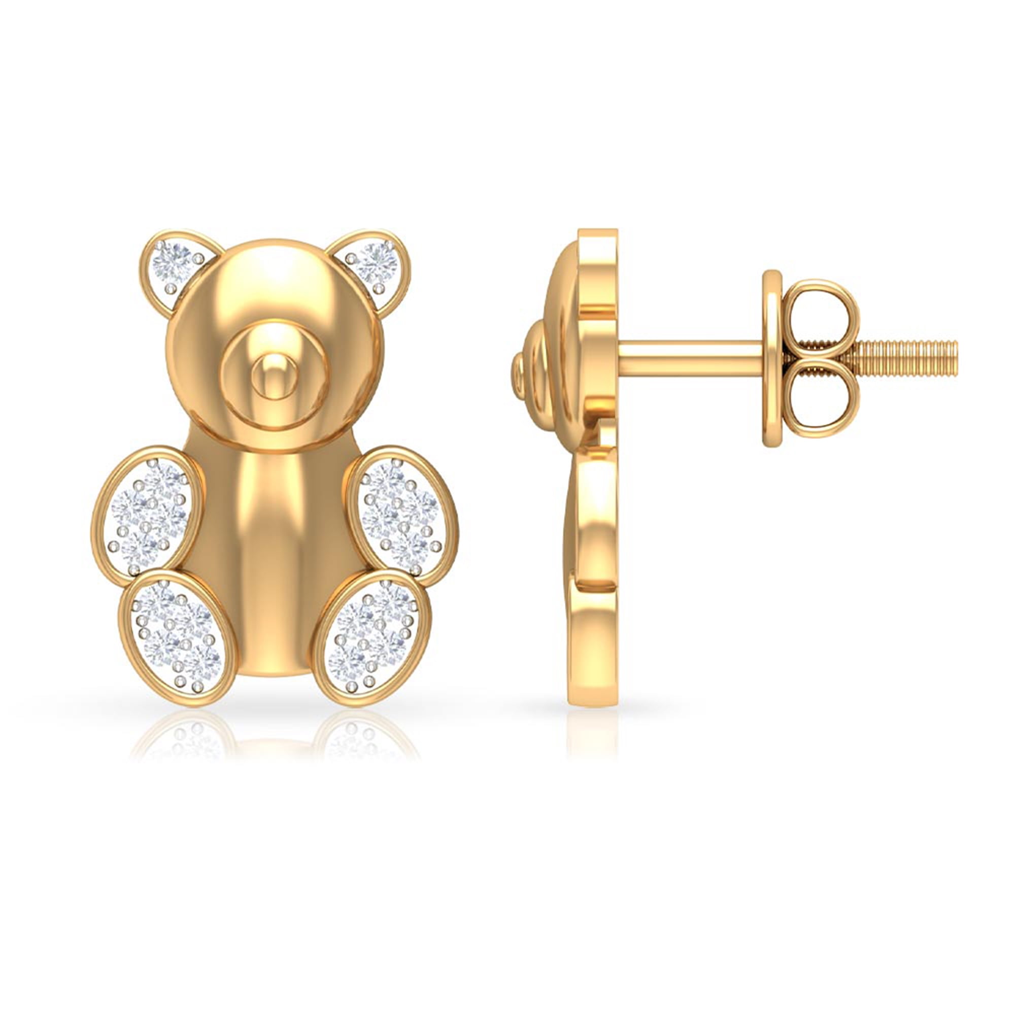 Birthday Gift - Cute Teddy Bear Earrings with Diamond in Gold, Natural  Diamond Stud Earrings for Women (HI-SI Quality), 14K Yellow Gold