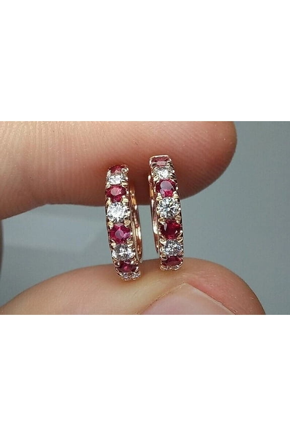 Birthday Gift For Her 2Ct Round Cut Lab Created Red Ruby & Diamond Hoop Earrings 14K Yellow Gold Plated Silver