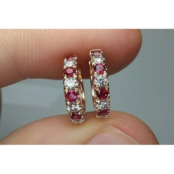 Birthday Gift For Her 2Ct Round Cut Lab Created Red Ruby & Diamond Hoop Earrings 14K Yellow Gold Plated Silver