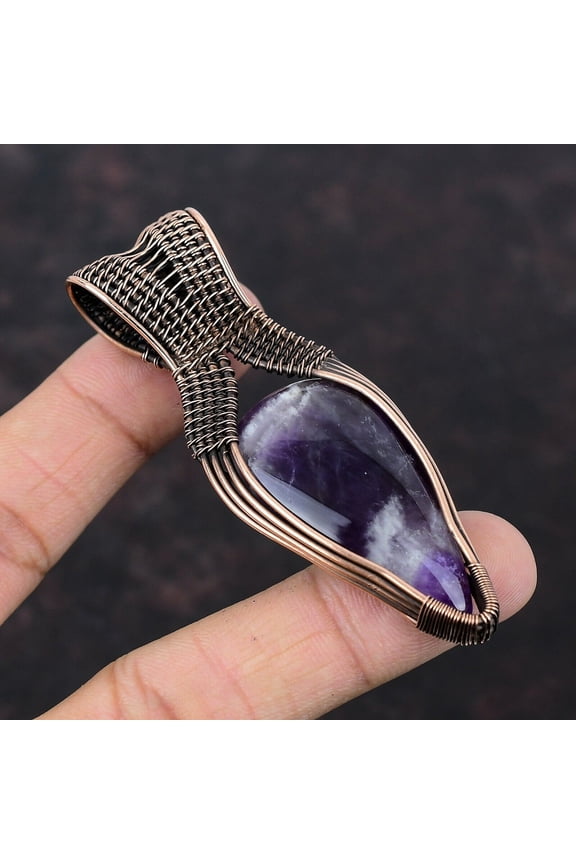 Birthday Gift For Her Chevron Amethyst Wire Wrapped Pendant Copper Jewelry 3.15"