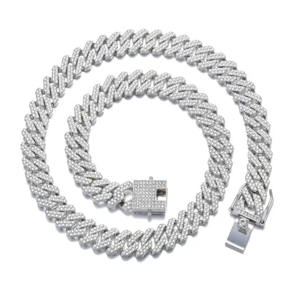 Birthday Gift Mens Miami Cuban Link Chain Necklace 12Mm Diamond Prong Cuban Chain 20 Inch Length Hip Hop Jewely With Gift Box Necklace Men's and Women's Flat Necklace Silk Flat high Polish Chain Neck