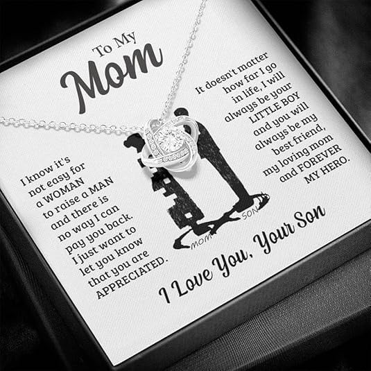 Birthday Gift For Mom With Heartfelt Message Card & Elegant Gift Box, Mother's Day Gift For Mom From Son, Love Knot Necklace For Mother, Zircon Jewelry for Women