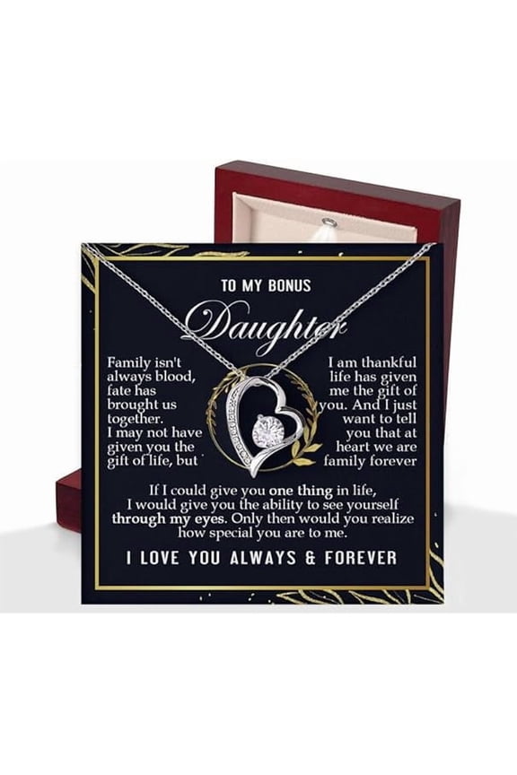 Birthday Gift for Step Daughter from Step Mother with Message Card and LED Box, Cubic Zirconia Heart Necklace for Bonus Daughter from Bonus Father and Mother