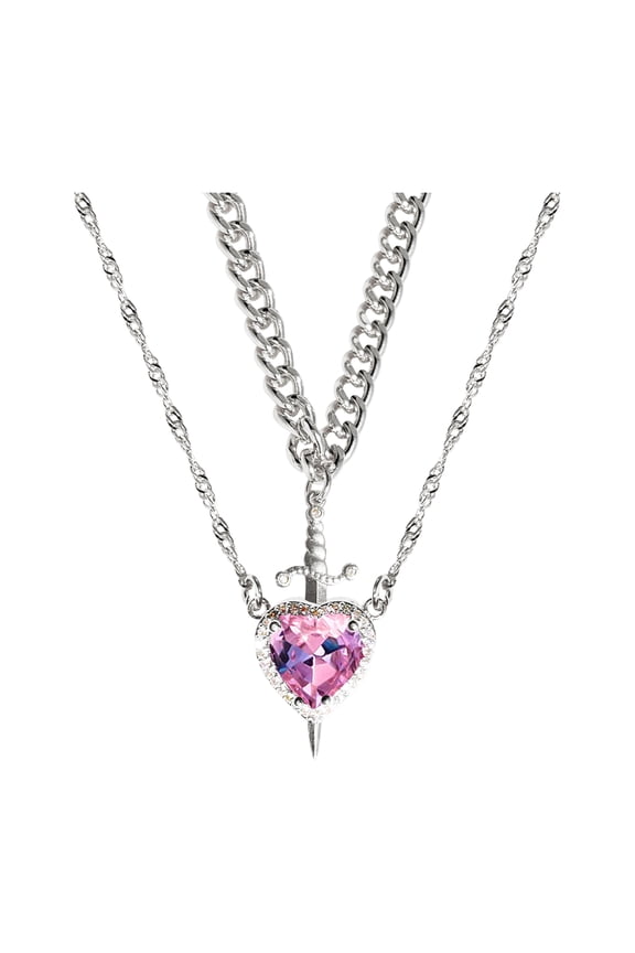 Birthday Gift Women, 2 Pack Crystal Heart Dagger Pendant Necklaces, Red & Pink - Layered Style, Fashion Jewelry For Women - Daily Wear, Party, Birthday Gift